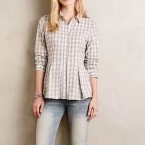 Anthropologie Tops - Anthropology Gray Plaid peplum Button-Up Shirt; size M